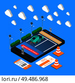 Parking lot with online finding paying reservation service isometric composition with ticket pass recharging point vector illustration. Стоковая иллюстрация, агентство Ingram Publishing / Фотобанк Лори