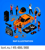 Rap isometric vector illustration with singers performers sound amplifier headphones radio tape recorder decorative signs. Стоковая иллюстрация, агентство Ingram Publishing / Фотобанк Лори