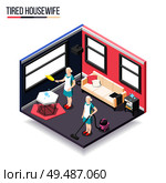 Tortured housewife isometric composition with two women in domestic interior busy cleaning apartment vector illustration. Стоковая иллюстрация, агентство Ingram Publishing / Фотобанк Лори