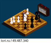 Chess concept allegoric isometric composition with players moving knight and queen chessboard pieces as business managers vector illustration. Стоковая иллюстрация, агентство Ingram Publishing / Фотобанк Лори