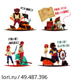 Pirate design concept with flat human characters of cartoon pirate captain and sailors with text captions vector illustration. Стоковая иллюстрация, агентство Ingram Publishing / Фотобанк Лори