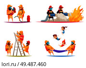 Firefighter design concept with flat compositions of fire situations with firemen crew with equipment and uniform vector illustration. Стоковая иллюстрация, агентство Ingram Publishing / Фотобанк Лори