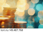 Стопки золотых монет на фоне с боке. Стоковое AI-изображение, AI-художник Александр Жуков / Фотобанк Лори