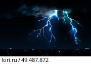 Realistic lightning bolts flashes composition with view of night city sky with clouds and thunderbolt images vector illustration. Стоковая иллюстрация, агентство Ingram Publishing / Фотобанк Лори