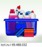 Detergent bottles in basket composition with realistic images of plastic bottles of washing liquids in market basket vector illustration. Стоковая иллюстрация, агентство Ingram Publishing / Фотобанк Лори