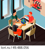 Alternative education isometric background with teacher and pupils during geography lesson vector illustration. Стоковая иллюстрация, агентство Ingram Publishing / Фотобанк Лори