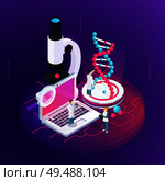 Nanotechnology isometric design concept illustrated microscopy notebook with  science information on screen and big image of dna model vector illustration. Стоковая иллюстрация, агентство Ingram Publishing / Фотобанк Лори