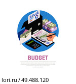 Accounting isomeric round composition with budget calculation on blue background vector illustration. Стоковая иллюстрация, агентство Ingram Publishing / Фотобанк Лори