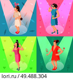 Photo booth props concept 4 isometric festive background icons with girls posing with party accessories vector illustration. Стоковая иллюстрация, агентство Ingram Publishing / Фотобанк Лори