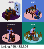 Craftsman isometric 4 icons square concept with hand loom weaver artisan jeweler blacksmith potter isolated vector illustration. Стоковая иллюстрация, агентство Ingram Publishing / Фотобанк Лори