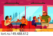 Gluttony and cafe background with people overeating symbols flat vector illustration. Стоковая иллюстрация, агентство Ingram Publishing / Фотобанк Лори