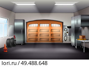 Modern spacious garage interior realistic composition with tool storage cabinets pegboard workbench tires sliding door vector illustration. Стоковая иллюстрация, агентство Ingram Publishing / Фотобанк Лори