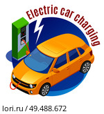 Gas stations refills isometric background with electric automobile on charge with e-mobility charging station images vector illustration. Electromobile Charging Station Background. Стоковая иллюстрация, агентство Ingram Publishing / Фотобанк Лори