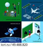 Four squares isometric meteorological weather center design concept with scientific weather station tv and aviation meteorology vector illustration. Стоковая иллюстрация, агентство Ingram Publishing / Фотобанк Лори