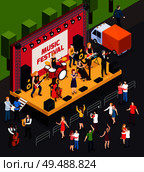 Musicians during performance on scene of music festival and dancing visitors isometric composition vector illustration. Стоковая иллюстрация, агентство Ingram Publishing / Фотобанк Лори