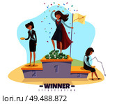 Business winner loser background with businesswomen female doodle style characters on winners poduim with editable text vector illustration. Стоковая иллюстрация, агентство Ingram Publishing / Фотобанк Лори