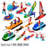 Isometric set of summer water active recreation so as banana boat surfing windsurfing jet skiing flyboarding isolated vector illustration. Стоковая иллюстрация, агентство Ingram Publishing / Фотобанк Лори