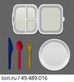 Disposable white plastic plate lunchbox and colorful cutlery top view realistic tableware set transparent background vector illustration. Стоковая иллюстрация, агентство Ingram Publishing / Фотобанк Лори