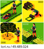 Landscaping isometric design concept with laying and mowing of lawn bushes trimming and seedlings isolated vector illustration. Стоковая иллюстрация, агентство Ingram Publishing / Фотобанк Лори
