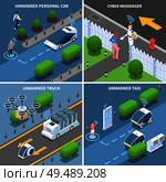 Autonomous car driverless vehicle robotic transport isometric 2x2 design concept with futuristic cars drones and people vector illustration. Стоковая иллюстрация, агентство Ingram Publishing / Фотобанк Лори