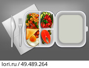 Opened disposable lunchbox with salmon salad bacon egg knife fork white plastic tableware realistic composition vector illustration. Стоковая иллюстрация, агентство Ingram Publishing / Фотобанк Лори