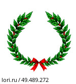 Christmas green wreath decorated with red ribbon bow and berries realistic sign isolated on white background vector Illustration. Стоковая иллюстрация, агентство Ingram Publishing / Фотобанк Лори
