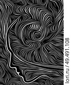 Profile face integrated in black and white woodcut pattern. On subject of the mind, consciousness, reason and human drama. Black and White Poetry series. Стоковое фото, агентство Ingram Publishing / Фотобанк Лори
