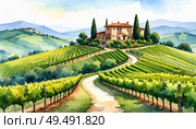 A peaceful Tuscan-style villa surrounded by vineyards in rolling green hills, ideal for wine tourism or countryside retreat in regions like Tuscany or Napa. Стоковое AI-изображение, AI-художник Igor Tichonow / Фотобанк Лори