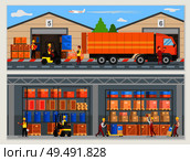 Warehouse workers with boxes and trucks loaders vector. People working at factory, logistics and transportation, goods shipment and delivery service. Warehouse Workers with Boxes and Trucks Loaders. Стоковая иллюстрация, агентство Ingram Publishing / Фотобанк Лори
