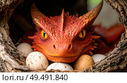 Fierce red dragon guarding its eggs in a nest, symbolizing protection, fantasy lore, and mythical parenting in storytelling or game concept art. Стоковое AI-изображение, AI-художник Igor Tichonow / Фотобанк Лори
