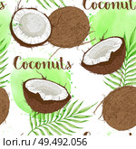 Seamless pattern with coconuts, palm leaves and green watercolor blots on a white background. Vector illustration. Стоковая иллюстрация, агентство Ingram Publishing / Фотобанк Лори