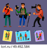 Modern photographers with professional equipment camera gears and tripod vector. Samples of works family pictures with mother, father, child and pet. Modern Photographers with Professional Equipment. Стоковая иллюстрация, агентство Ingram Publishing / Фотобанк Лори