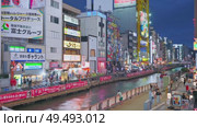 Osaka, Japan - Sep 22 2024, 4k, Panoramic view of Dotonbori river with a ship with tourists, a lot of people on embankment, there are a lot of advertising and illuminations on buildings, Osaka, Japan. Редакционное видео, видеограф Сергей Богомяко / Фотобанк Лори