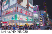 Osaka, Japan - Sep 22 2024, 4k, Panoramic view of Dotonbori street with various cafes, restaurants, bright signs and advertisements, illumination, a lot of people walking, at night, Osaka, Japan. Редакционное видео, видеограф Сергей Богомяко / Фотобанк Лори
