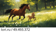 A horse and a pony are running through a field of flowers. Стоковое AI-изображение, AI-художник Ярославский Максим / Фотобанк Лори