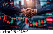 Two individuals are shaking hands over a detailed stock chart, symbolizing a business agreement or partnership in the financial sector. Стоковое AI-изображение, AI-художник Данила Большаков / Фотобанк Лори