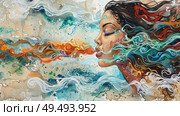 A vibrant artwork capturing a serene woman with her whispers turning into vivid, swirling patterns. Стоковое AI-изображение, AI-художник Данила Большаков / Фотобанк Лори