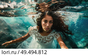 A woman wearing a white dress submerged in water. Стоковое AI-изображение, AI-художник Данила Большаков / Фотобанк Лори