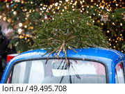 A Christmas tree is being carried on the roof of a vintage blue Christmas car. Decorated New Year's Moscow 2026. The concept of goods delivery. Стоковое фото, фотограф Photojuli / Фотобанк Лори