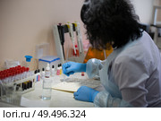 Belarus, Comely, 24 April 2018. Blood transfusion station.Blood test.Microbiological examination of blood. Редакционное фото, фотограф Лазаренко Светлана / Фотобанк Лори