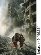 Firefighters in full gear standing in formation in front of a building, ready to respond to emergency situations. Стоковое AI-изображение, AI-художник Данила Большаков / Фотобанк Лори