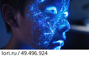 A man illuminated with a glowing light emanating from his face and body, creating a striking visual effect. Стоковое AI-изображение, AI-художник Данила Большаков / Фотобанк Лори