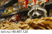 A raccoon cautiously peeks out from behind a pile of assorted crackers, exhibiting curiosity and possibly hunger. Стоковое AI-изображение, AI-художник Данила Большаков / Фотобанк Лори