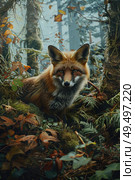 A realistic depiction of a red fox standing amidst a dense forest, surrounded by tall trees with green foliage and dappled sunlight filtering through the leaves. Стоковое AI-изображение, AI-художник Данила Большаков / Фотобанк Лори