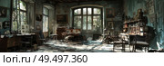 A room brimming with assorted furniture pieces like chairs, tables, and cabinets, with multiple windows allowing natural light to enter. Стоковое AI-изображение, AI-художник Данила Большаков / Фотобанк Лори