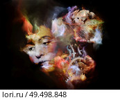 Surreal illustration of female face and dreamlike elements on the subject of subconscious, dream, mind, poetry and inner world. Стоковое фото, агентство Ingram Publishing / Фотобанк Лори