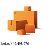 Cardboard boxes of big and small size isolated vector. Fragile packs, closed packages with adhesive tape, post office crates, stockpile storage stacks. Cardboard Boxes Big and Small Size Isolated Vector. Стоковая иллюстрация, агентство Ingram Publishing / Фотобанк Лори