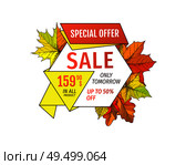 Special offer sale only tomorrow up to fifty percent discount. Promo price 159.90 advertisement autumn label with orange and yellow leaves isolated. Special Offer Sale Only Tomorrow Fifty Percent Off. Стоковая иллюстрация, агентство Ingram Publishing / Фотобанк Лори