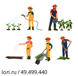 Farming man with can isolated icons set vector. Compost in trolley pushed by woman, agricultural land works on farm. Sowing woman and raking male. Farming Man with Can Icons Set Vector Illustration. Стоковая иллюстрация, агентство Ingram Publishing / Фотобанк Лори