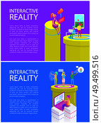 Virtual reality text sample on posters set vector. Innovative technologies, people using vr glasses. Male playing table tennis, women talking chatting. Virtual Reality Text on Posters Vector Illustration. Стоковая иллюстрация, агентство Ingram Publishing / Фотобанк Лори